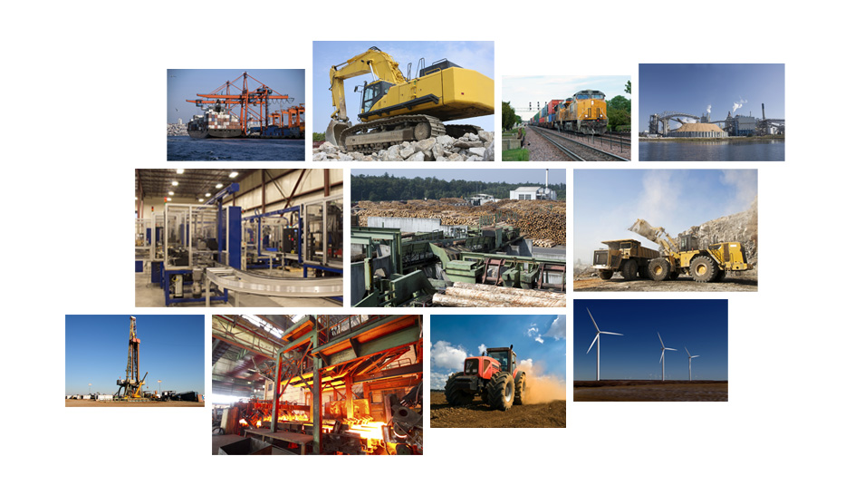 Various construction, mining, industrial mill, saw mill, steel mill, agriculture, marine, port, and oil field industry pictures layed out in a collage format.