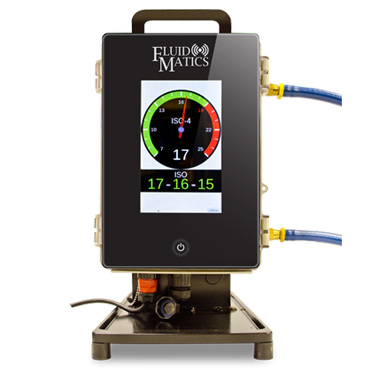 FluidMatics Portable Dirt Gauge Oil Condition monitoring product with black framed touchscreen panel displaying an ISO gauge reading isolated on a white background.